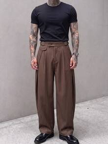 HIMLAND Pantalones holgados a rayas con diseño de hebilla en la cintura para hombre - Café integral - Ver 2