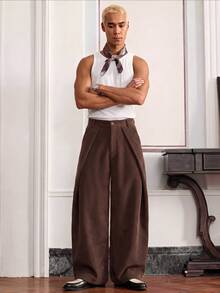 SWAVVY Men's Casual Versatile Solid Color Curved Leg Long Pants - Coffee Brown - View 3