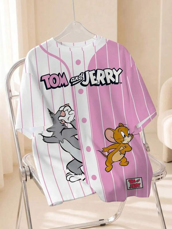 TOM & JERRY X SHEIN Tricou bărbătesc cu mânecă scurtă, cu imprimeu de desene animate, lejer, casual
