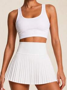 SHEIN BAE Movishi High Stretch Women's White Pleated Knitted Mini Skirt: Casual And Style With Built-In Shorts For Comfort,Built-In Shorts,Summer Skort Sports - White - View 2