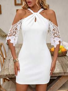 SHEIN LUNE Gaun Musim Semi/Panas dengan Hiasan Renda, Leher V, Patchwork, Bahu Terbuka, Tanpa Punggung, Lengan Setengah, Model Halter, Elegan untuk Pernikahan, Pantai, Koktail, Malam Hari, Serba Putih - Putih - View 6