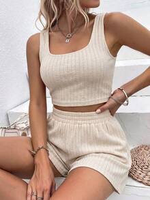 SHEIN Holidaya 女款純色短版上衣與短褲休閒日常兩件套 - 杏色 - 查看 5