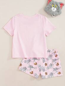 TOM & JERRY X SHEIN Young Girl Cartoon Print Top & Shorts Loungewear - Pink - View 2