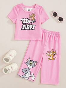 TOM & JERRY X SHEIN طقم تي شيرت وبنطلون بطبعة كرتونية للبنات الرضع - وردي - مشاهدة 1