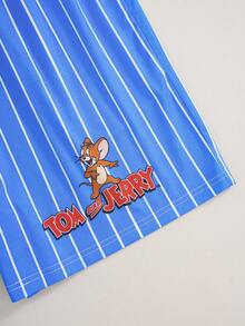 TOM & JERRY X SHEIN Men's Summer Casual Colorblock Patchwork Striped Cartoon Print Shorts - Blue - View 6