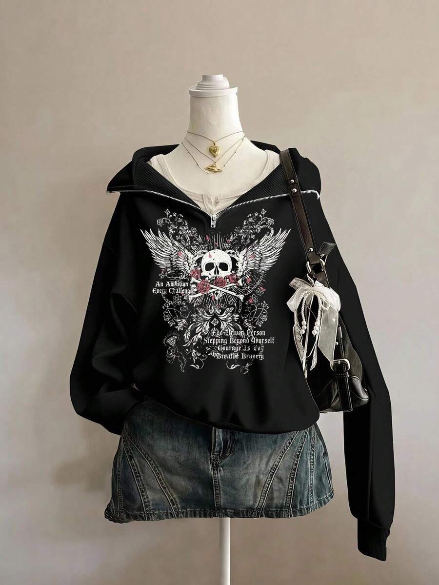 SHEIN EZwear 女款休閒印花寬鬆半拉鍊高領輕量套頭運動衫,秋冬花卉圖案灰色寬鬆半拉鍊高領薄款套頭運動衫 - 黑色 - 查看 1