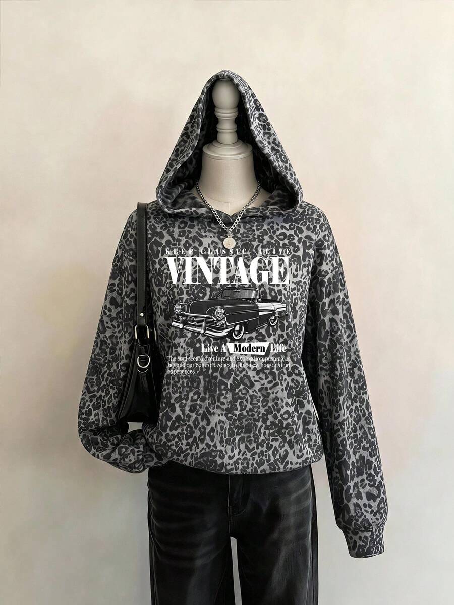 SHEIN EZwear 秋季新款復古老錢風美式復古汽車印花豹紋仿水洗針織水印印花豹紋寬鬆毛茸茸女款衛衣,秋季上衣,適合日常通勤、聚會、秋冬/夏季、聖誕節、新年、感恩節、派對、婚禮、海灘、畢業典禮、優雅、出遊、約會、通勤、情人節、優雅 - 彩色 - 查看 1