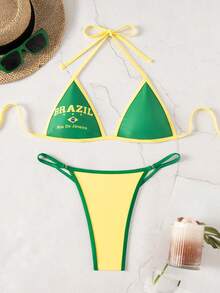 Sirith Bonvoyette Summer Beach Deep V Contrast Color Brazilian Element Sexy Bikini Swimwear Set - Green - View 2
