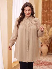 Lacomfia Plus Size Women Solid Color Contrast Lace Long Sleeve Single-Breasted Blouse - Apricot - View 5