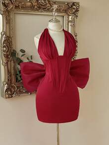 Lovelzi Red Satin Halter Neck Mini Dress Bodycon Backless Detachable Big Bow Ruched Cocktail Theme Party Prom Homecoming Women Formal Wedding Winter Celestial - Burgundy - View 6
