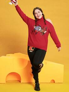 TOM & JERRY X SHEIN พลัส สเวตเตอร์ รูปแบบ การ์ตูน ปลอกคอสูง ไหล่ตก - สีแดง - ดู 5