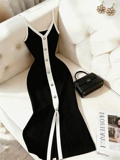 SHEIN Franclia Women's Spaghetti Strap Dress, Elegant French Party Date Going Out Wear, Slit Knit Slim Fit Black And White, Tall Versatile Practical, Summer, Autumn