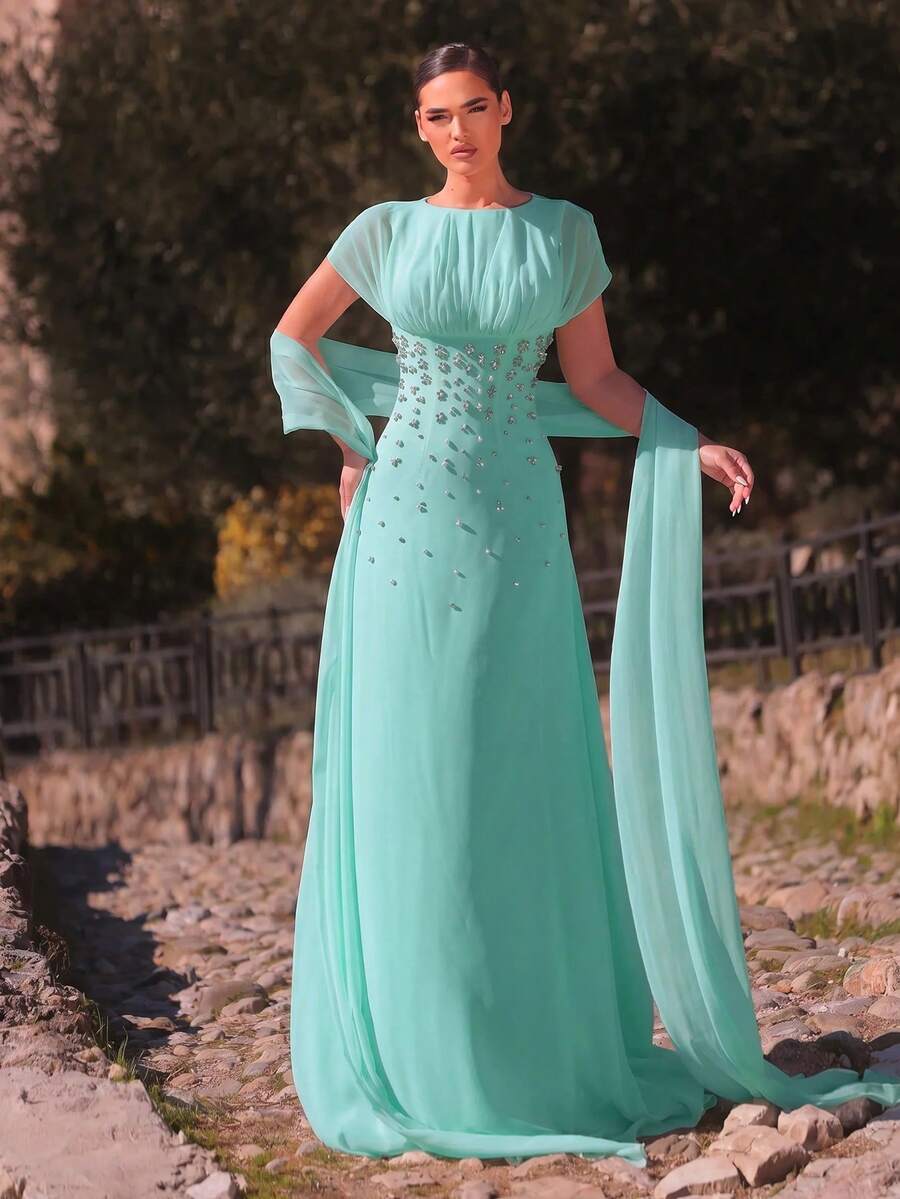 Aureia 優雅浪漫時尚雪紡面料水鑽裝飾抓皺修身A字裙 派對禮服 婚禮賓客禮服 單身派對禮服 正式晚禮服 - 水鴨藍 - 查看 1