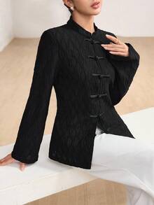 Graceveil Women's Elegant Casual Textured Fabric Frog Button Design Long Sleeve Blouse, Going Out Tops For Women, Autumn New Arrival - Black - View 8