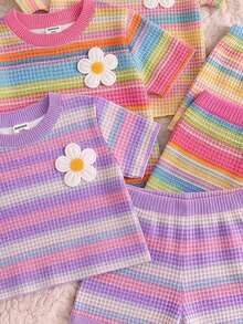 Baby Girls Simple Casual 3-Piece Set Short Sleeve Top Floral Pattern 3 Packs - Multicolor - View 5