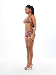 BABYPHAT Triangle Bikini Top With Contrast Coverstitch Trim And Halter Tie Neck Logo Detail Summer Beach - Chocolate Brown - View 5