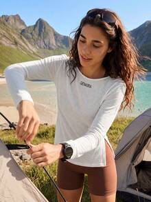 Exploreva Exploreva Damen T-Shirt mit Buchstabenprint, Rundhalsausschnitt, Langarm und Seitenschlitz für Outdoor - Beige - Übersicht 4