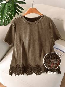 CosyJoli Maglietta da donna taglie forti a maniche corte nera con design fiocco di neve lavato, casual e versatile, adatta per uso quotidiano e uscite - Castano - Visualizzare 6