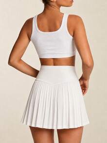 SHEIN BAE Movishi High Stretch Women's White Pleated Knitted Mini Skirt: Casual And Style With Built-In Shorts For Comfort,Built-In Shorts,Summer Skort Sports - White - View 5
