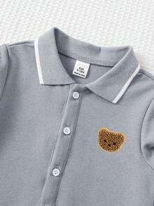 SHEIN 新生兒男嬰/女嬰秋冬款可愛卡通圖案 Polo 領長袖連身衣 - 灰色 - 查看 6