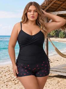 SHEIN CURVE+ 2026Plus Size Floral Print Tankini Swimwear - Black - View 4