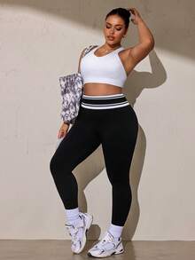 SHEIN Rhythm Era Women's Plus Size Colorblock High-Waist Casual Versatile Daily Wear Tight Leggings - Black - View 3