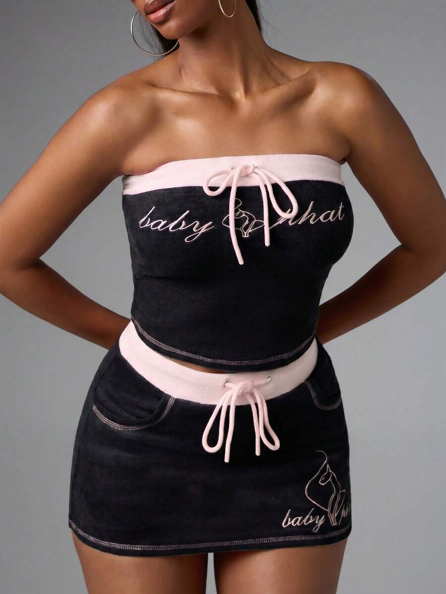 BABYPHAT Velour Strapless Bandeau Tube Top With Logo Embroidery And Drawstring Waist Detail - Black - View 1