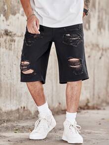 Manfinity Roghcode Men's Casual Daily Shorts With Pocket, Button And Distressed Design - Black - View 4