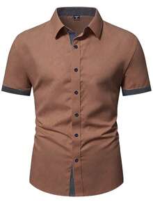 Manfinity Mode Men's Casual Fashion Short Sleeve Patchwork Shirt - Coffee Brown - View 3