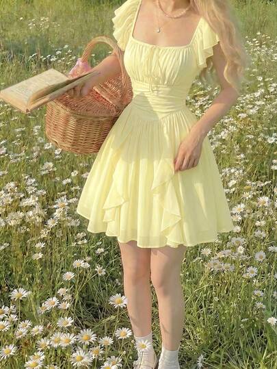 Skyraze Women Pale Yellow Color Ruffled Lantern Sleeve Maxi Dress Picnic Vacation Summer Cottagecore.Halloween Costume. Back To School.Campus