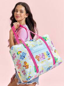 SHEIN X Care Bears 彩虹熊印花可折疊旅行托特包，大容量，行李套筒，輕便適用於旅行/學校，附前口袋 - 藍粉 - 查看 1