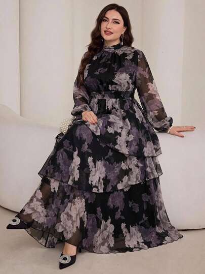 Reflora Plus Size Women's Elegant Long Sleeve Dress, Multi-Layer Design, Printed, Flowy, Romantic, Party Dress Fall