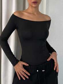 DAZY Women's Solid Color Off-Shoulder Slim Fit Versatile Daily Long Sleeve Top - Black - View 2