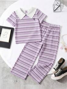 SHEIN Back-To-School 2pcs/Set Girls' Knit Pink White Coffee Striped Short Sleeve Shirt Collar Pullover T-Shirt,Knit Wide Leg Long Pants Set,American Casual - Purple - View 2