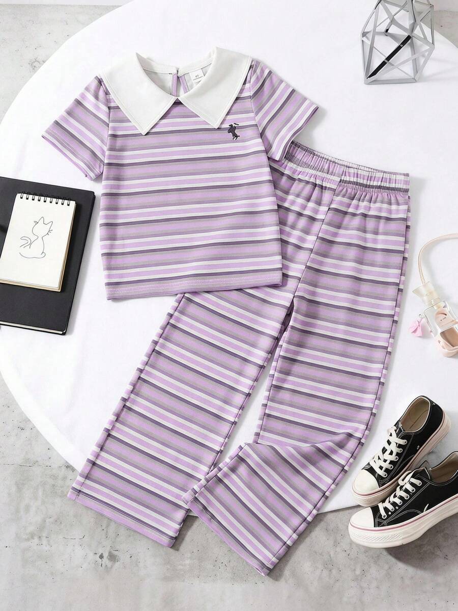 SHEIN Back-To-School 2pcs/Set Girls' Knit Pink White Coffee Striped Short Sleeve Shirt Collar Pullover T-Shirt,Knit Wide Leg Long Pants Set,American Casual