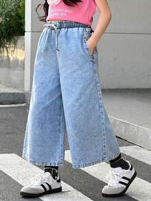 SHEIN Tween女孩淺藍色寬鬆寬腿牛仔褲，秋冬休閒度假Y2K牛仔女郎風，萬聖節返校穿搭 - 藍色 - 查看 3