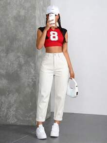 SHEIN ICON 女款條紋口袋休閒通勤牛仔媽媽牛仔褲 - 黑與白 - 查看 7