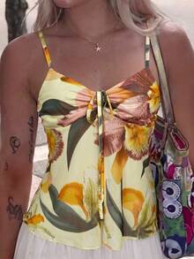 Opulessa Women's Spring/Summer Vacation Knit Mesh Printed Camisole Tank Top Beach Holiday Vacation Pale Yellow Tropical - Multicolor - View 2