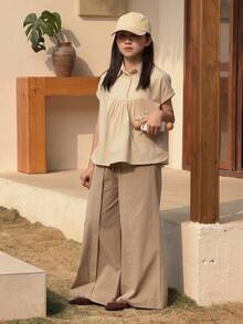 DAZY 2pcs Tween Girls Collared Short Sleeve Shirt And Wide Leg Pants Set, Fall Outfit - Apricot - View 3