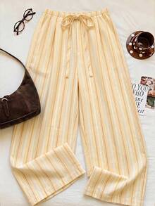 SHEIN EZwear 女款休閒腰部繫帶直筒長褲，適合夏季 - 黃色 - 查看 3