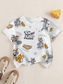 TOM & JERRY X SHEIN 男童休闲字母卡通图案圆领短袖T恤，夏季款 - 白色 - 查看 1