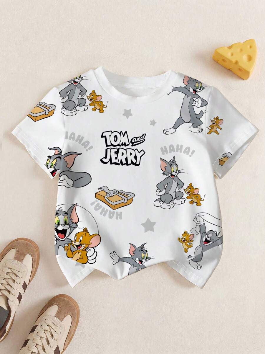 TOM & JERRY X SHEIN 男童休闲字母卡通图案圆领短袖T恤,夏季款 - 白色 - 查看 1