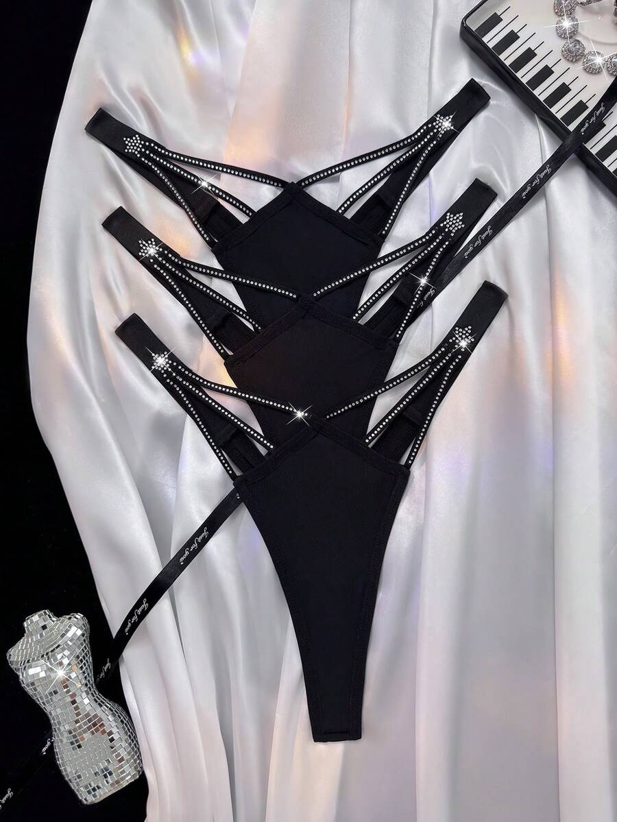 SHEIN 女款低腰丁字褲套裝 3件組 附亮面腰帶 - 黑色 - 查看 1