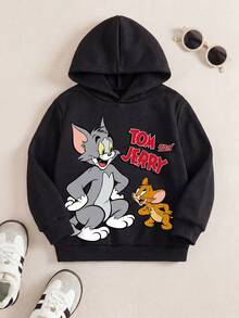 TOM & JERRY X SHEIN 年轻男孩卡通图案连帽保暖运动衫，适合秋冬季 - 黑色 - 查看 1