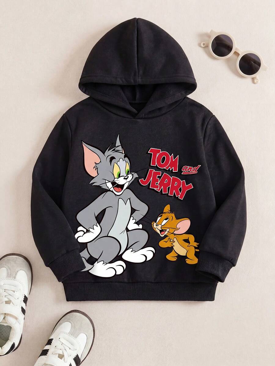 TOM & JERRY X SHEIN 年轻男孩卡通图案连帽保暖运动衫,适合秋冬季 - 黑色 - 查看 1