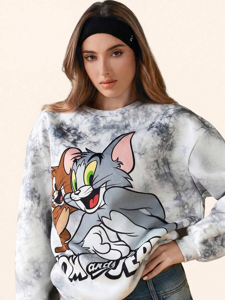 TOM & JERRY X SHEIN Lässiger Damen-Pullover im Street-Chic-Stil mit Cartoon- und Batikmuster, Drop Shoulder und lockerer Passform, ideal für den Alltag und Frühling/Herbst - Grau - Übersicht 1
