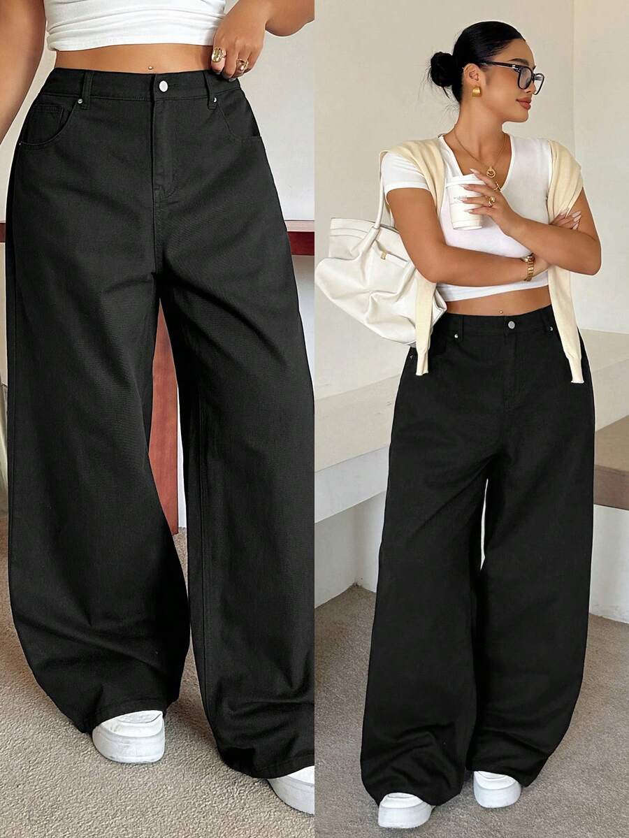 Dazy Plus Solid Color Casual Spring Autumn All Season Long Denim Jeans Plus Size Women Black Versatile - Black - View 1