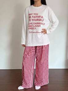 Dazy Kids Letter Print Short Sleeve T-Shirt + Plaid Pants Loose Casual Set For Teen GirlLoungewear Fall - Watermelon Pink - View 7