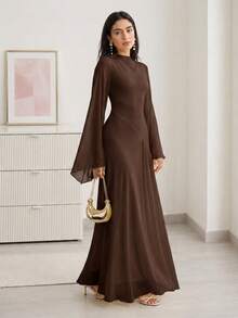 Solavon Asymmetric Hem Ruched Oblique Collar Elegant Mustard Yellow Flare Sleeve Dress Brown - Brown - View 6