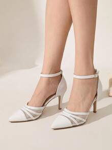 CUCCOO CHICEST Women's White Mesh Leather Stitched Back Empty High Heels, Pointed Ankle Strap Stiletto Commuter Shoes - White - View 3